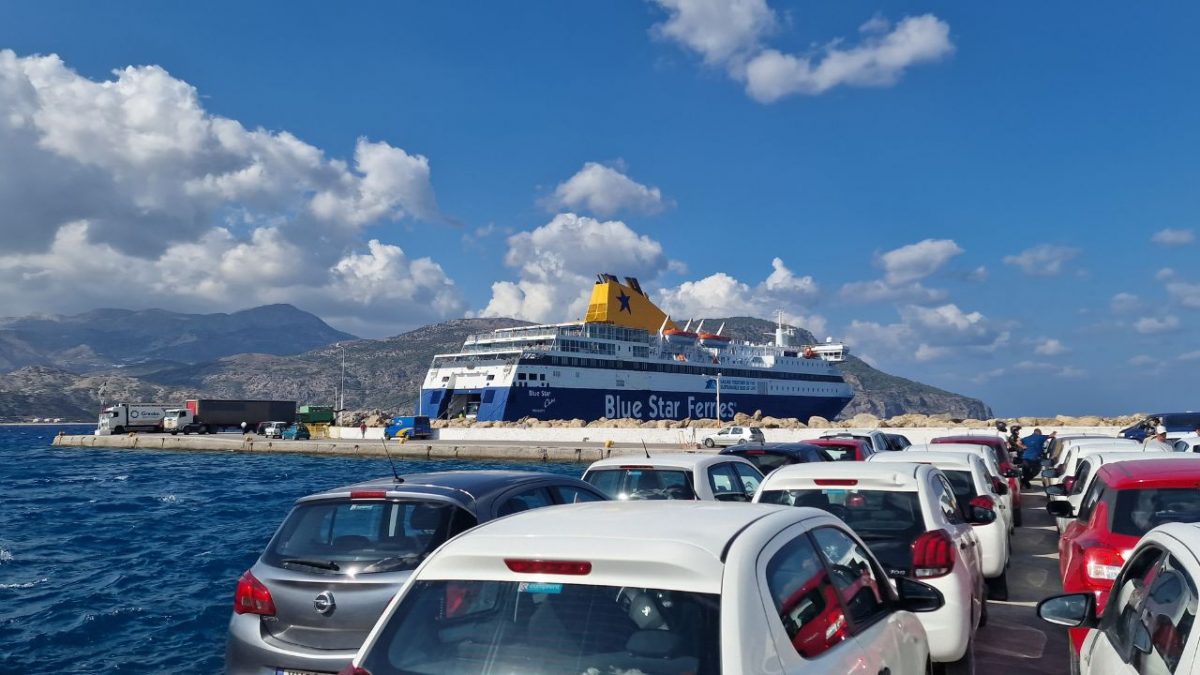 Cars waiting to board a ferry at the main Karpathos ferry port